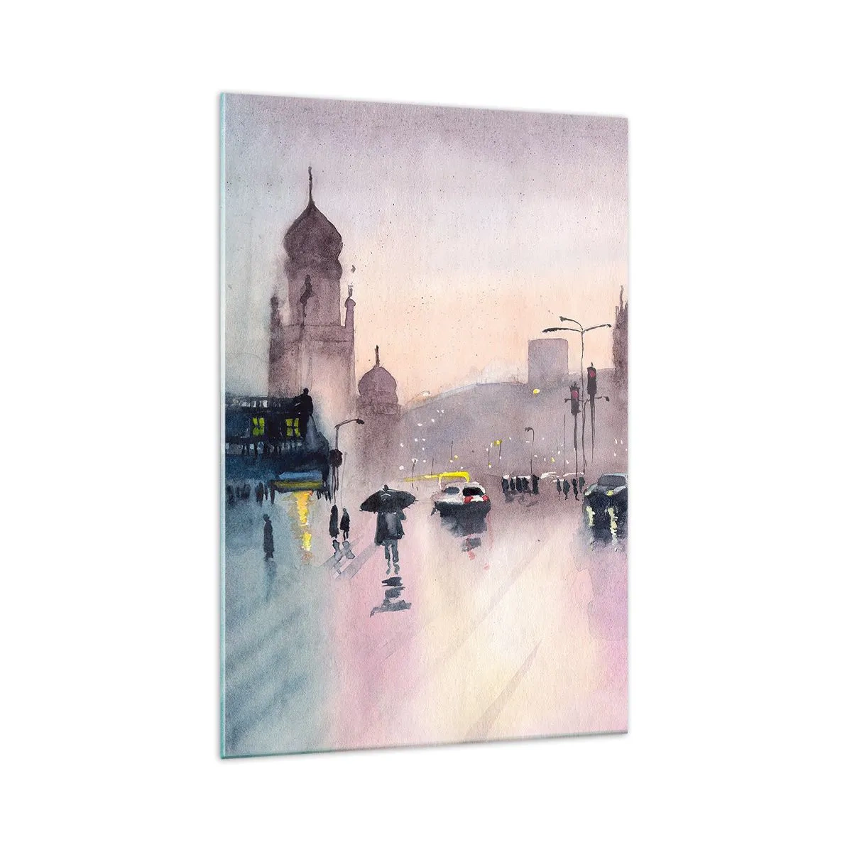 Impression sur verre - Image sur verre - Une rue de la ville au crépuscule dans un style aquarelle - 70x100cm - Dans une brume pluvieuse - Décoration murale moderne pour le salon et la chambre ARTTOR