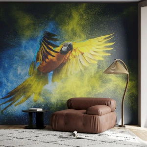 Papier Peint Photo Premium Canvas - Un perroquet en vol sur fond d'explosions colorées de jaune et de bleu. - 100x70cm - Dans la poussière bleue et dorée - Décoration murale moderne pour le salon et la chambre ARTTOR