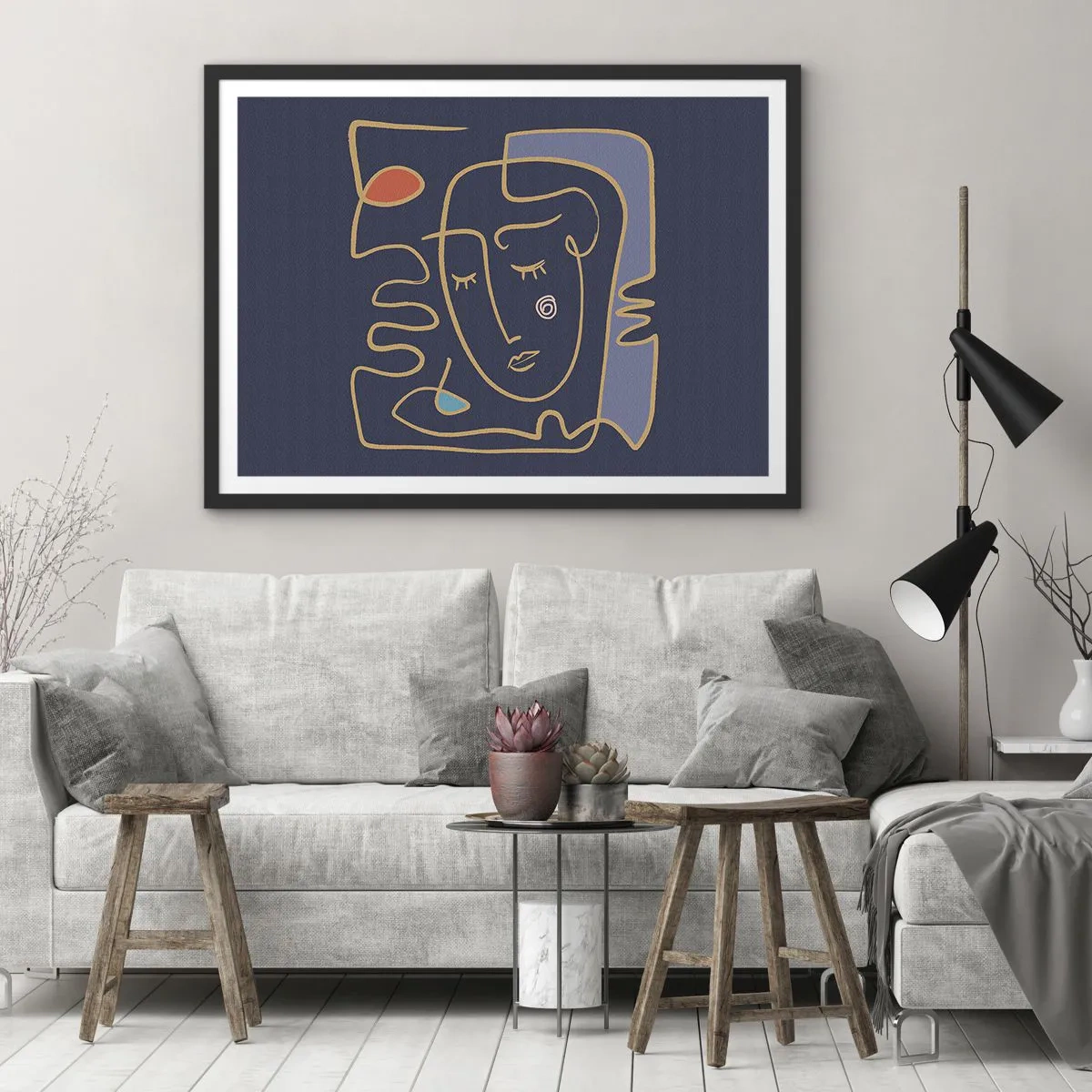 Affiche dans un cadre noir - Poster - Portrait de visage abstrait dans un style minimaliste - 100x70cm - En réflexion - Décoration murale moderne pour le salon et la chambre ARTTOR