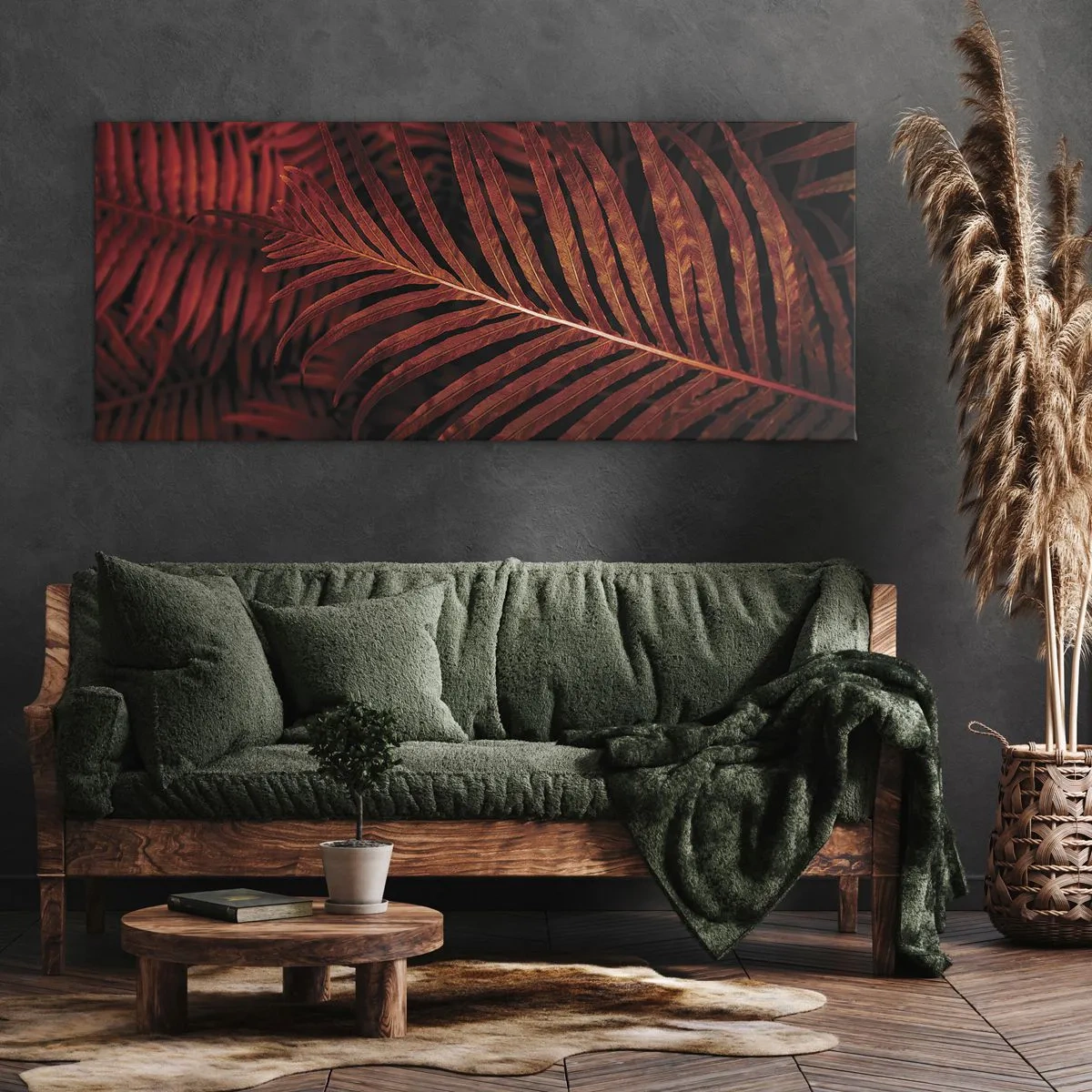 Impression sur toile - Image sur toile - Gros plan de feuilles tropicales rouges - 120x50cm - Chaleur de la vie - Décoration murale moderne pour le salon et la chambre ARTTOR