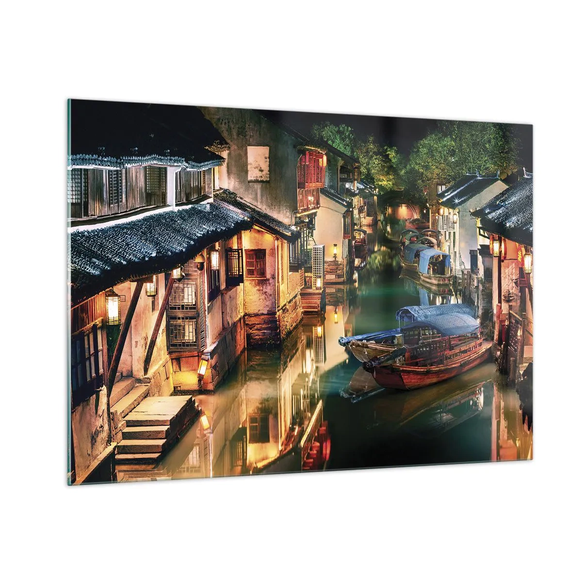 Impression sur verre - Image sur verre - Rue chinoise la nuit avec des bateaux et des lumières le long du canal - 100x70cm - Soirée dans une rue chinoise - Décoration murale moderne pour le salon et la chambre ARTTOR