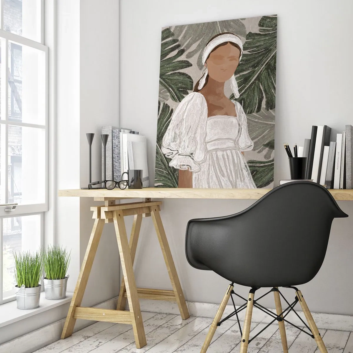 Impression sur verre - Image sur verre - Portrait d'une femme en robe blanche sur fond de feuilles de monstera - 70x100cm - Portrait exotique - Décoration murale moderne pour le salon et la chambre ARTTOR