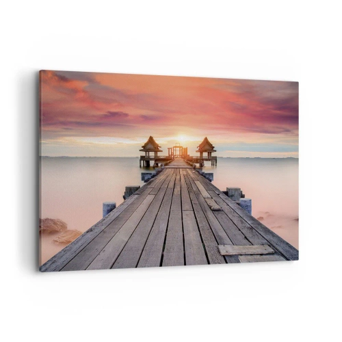 Impression sur toile - Image sur toile - Jetée en bois menant aux belvédères au coucher du soleil - 100x70cm - L'Ouest à l'Est - Décoration murale moderne pour le salon et la chambre ARTTOR