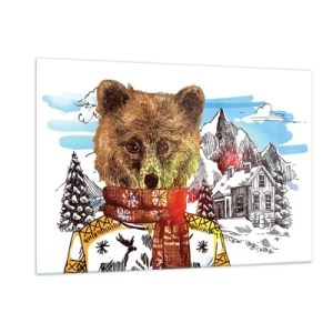 Impression sur verre - Image sur verre - Un ours en pull et écharpe avec des montagnes et une maison en arrière-plan. - 120x80cm - La cabane aux ours - Décoration murale moderne pour le salon et la chambre ARTTOR