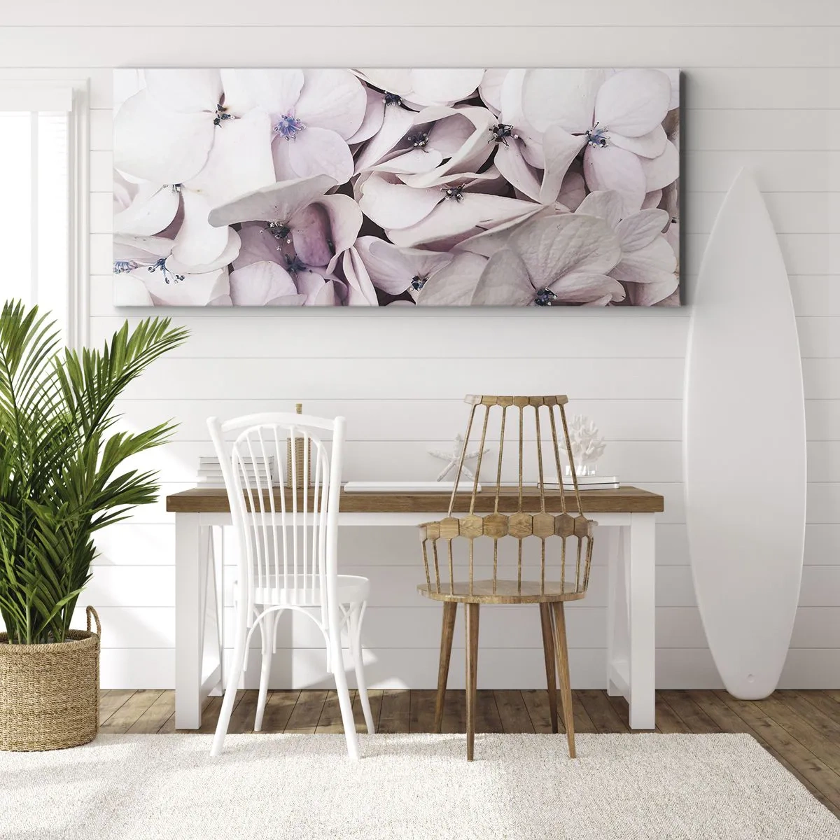 Impression sur toile - Image sur toile - Hortensias blancs délicats aux tons pastel - 120x50cm - Dans un flot de fleurs - Décoration murale moderne pour le salon et la chambre ARTTOR