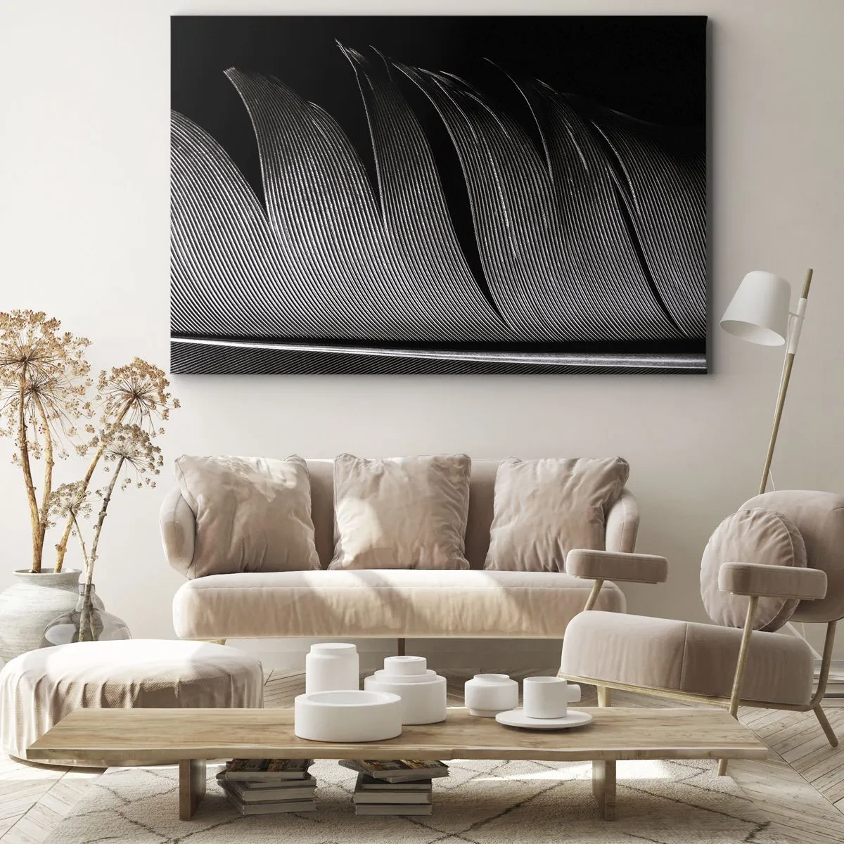 Impression sur toile - Image sur toile - Texture de plumes noires et blanches dans un style minimaliste - 120x80cm - La plume – un design magnifique - Décoration murale moderne pour le salon et la chambre ARTTOR