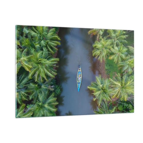 Impression sur verre - Image sur verre - Vue aérienne d'un bateau naviguant dans un canal parmi des palmiers tropicaux - 120x80cm - Sur un sentier tropical - Décoration murale moderne pour le salon et la chambre ARTTOR