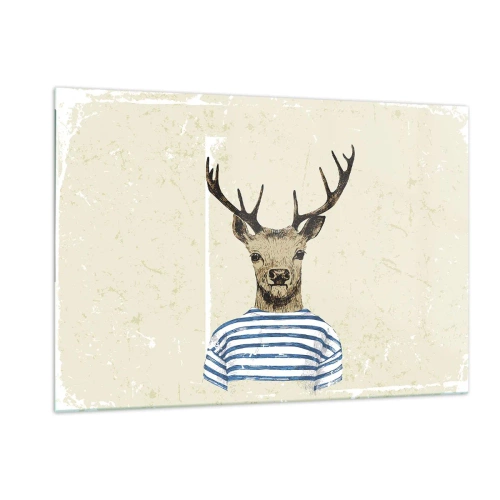 Impression sur verre - Image sur verre - Graphique d'un cerf en chemise de marin sur fond clair - 120x80cm - Parce que j'aime les chemises rayées - Décoration murale moderne pour le salon et la chambre ARTTOR