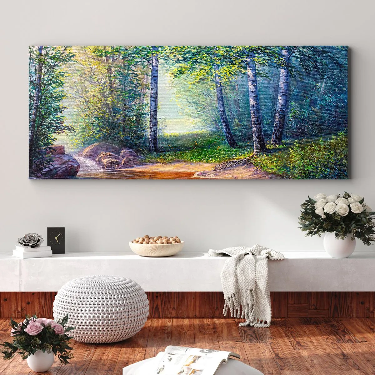 Impression sur toile - Image sur toile - Un ruisseau forestier entouré de bouleaux et de soleil - 160x50cm - Paysage idyllique - Décoration murale moderne pour le salon et la chambre ARTTOR