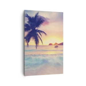 Impression sur toile - Image sur toile - Plage avec un palmier et un coucher de soleil sur l'océan - 80x120cm - Une soirée à la baie - Décoration murale moderne pour le salon et la chambre ARTTOR