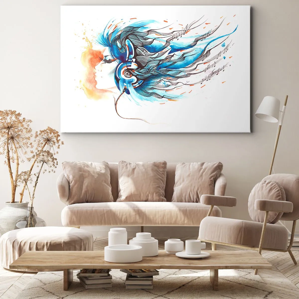 Impression sur toile - Image sur toile - Graphique artistique d'une femme portant des écouteurs avec des accents musicaux - 120x80cm - Que la musique joue - Décoration murale moderne pour le salon et la chambre ARTTOR