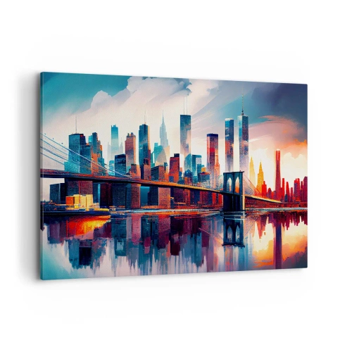 Impression sur toile - Image sur toile - Panorama de la ville de New York avec pont et reflet dans l'eau - 100x70cm - New York onirique - Décoration murale moderne pour le salon et la chambre ARTTOR