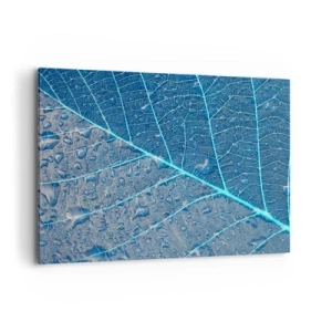Impression sur toile - Image sur toile - Une feuille dans des tons bleus avec des gouttes d'eau - 100x70cm - La vie en bleu - Décoration murale moderne pour le salon et la chambre ARTTOR
