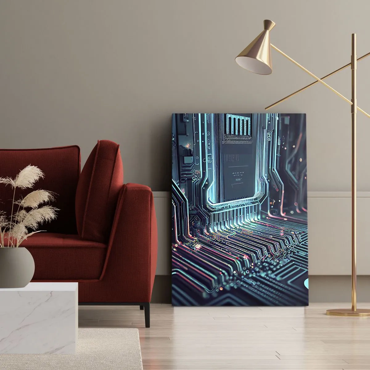Impression sur toile - Image sur toile - Circuit imprimé technologique avec pistes lumineuses - 80x120cm - Je pense comme ça… - Décoration murale moderne pour le salon et la chambre ARTTOR