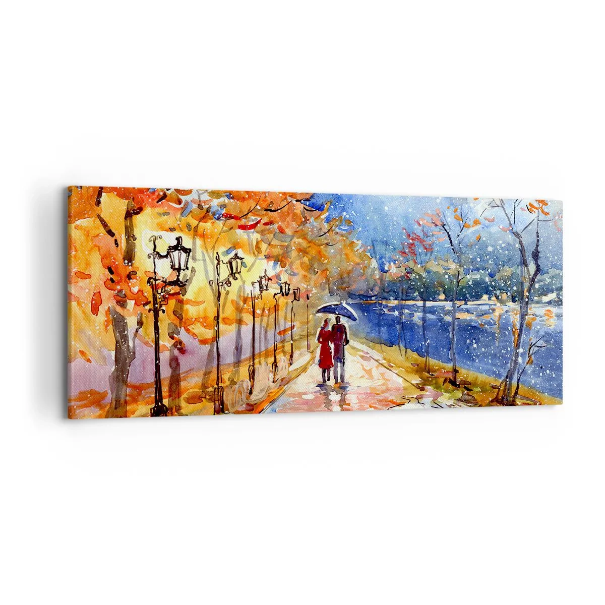 Impression sur toile - Image sur toile - Une promenade d'automne dans le parc au bord de la rivière sous un parasol - 120x50cm - Ensemble jusqu'au bout du temps - Décoration murale moderne pour le salon et la chambre ARTTOR