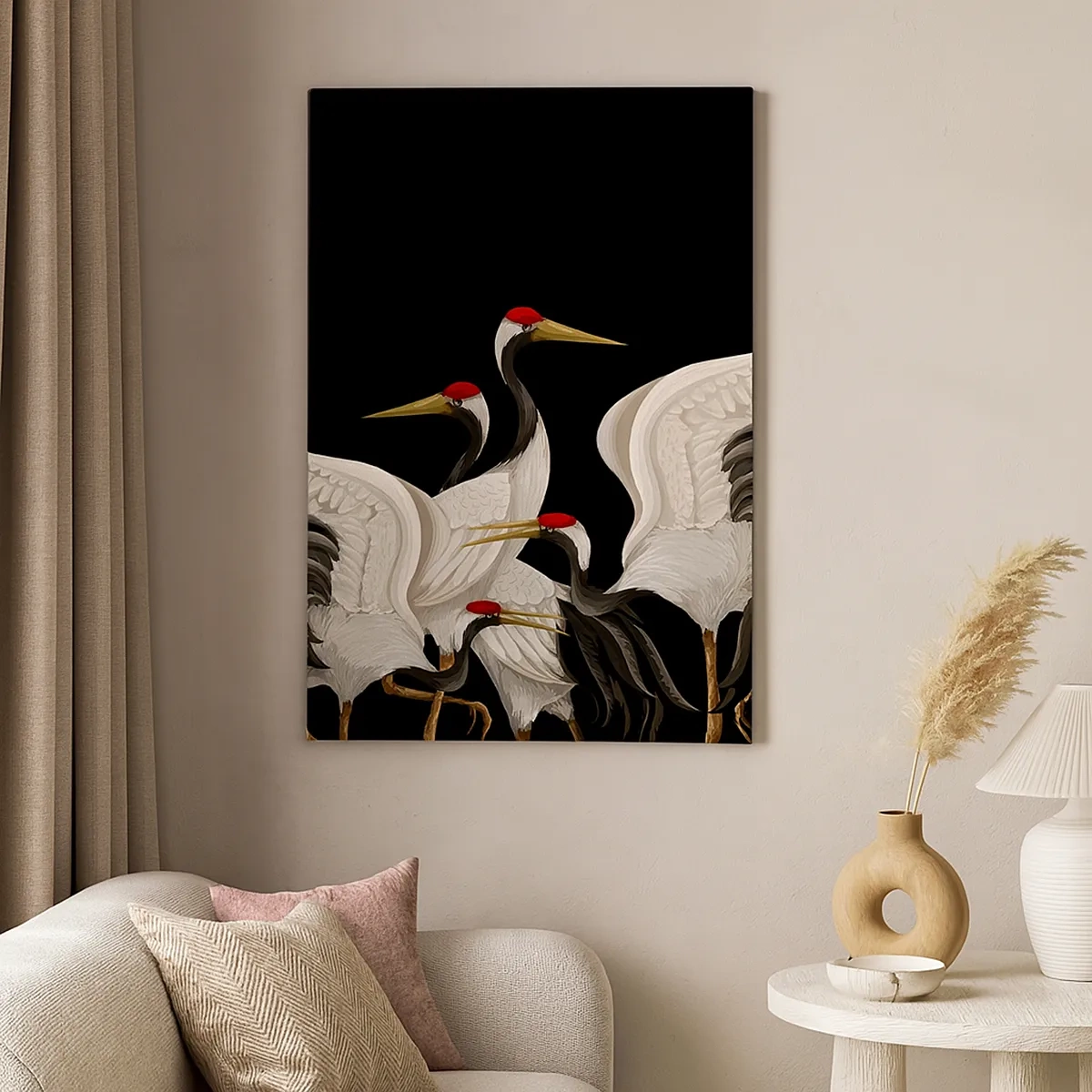 Impression sur toile - Image sur toile - Grues blanches avec des accents rouges sur fond noir - 50x70cm - Histoire d'oiseaux - Décoration murale moderne pour le salon et la chambre ARTTOR