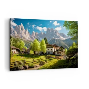 Impression sur toile - Image sur toile - Un village de montagne avec des maisons et une vue sur les Alpes - 120x80cm - Idylle alpine - Décoration murale moderne pour le salon et la chambre ARTTOR
