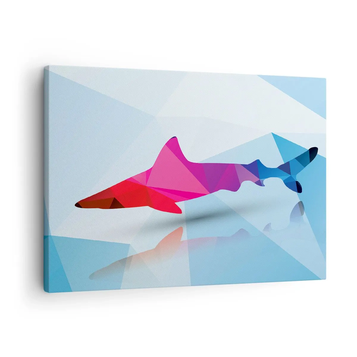 Impression sur toile - Image sur toile - Silhouette de requin géométrique dans les tons rose et bleu - 70x50cm - Un requin dans un espace de cristal - Décoration murale moderne pour le salon et la chambre ARTTOR