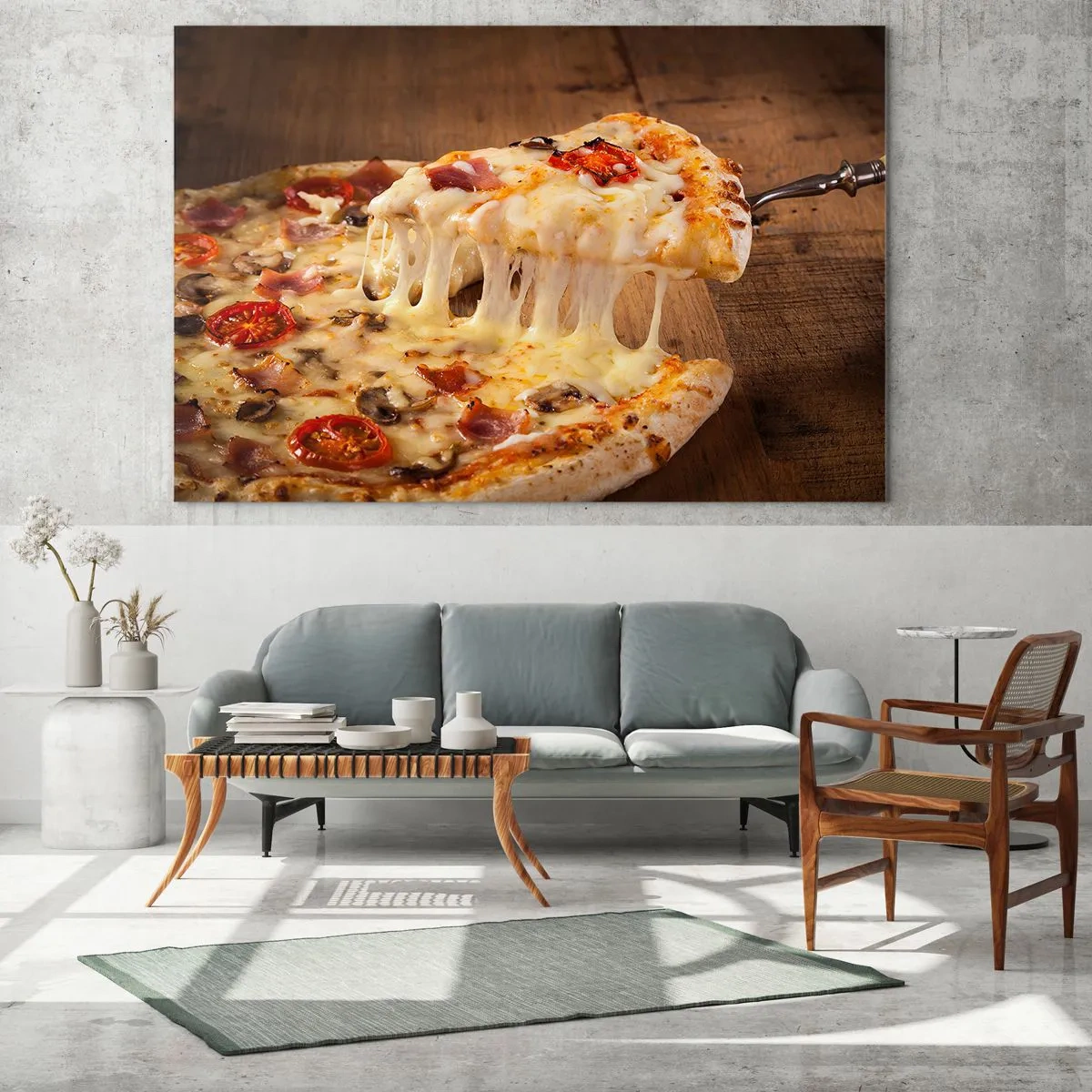 Impression sur verre - Image sur verre - Pizza au fromage filandreux, tomates et jambon sur fond de bois - 100x70cm - Un chef-d'œuvre de l'art italien - Décoration murale moderne pour le salon et la chambre ARTTOR