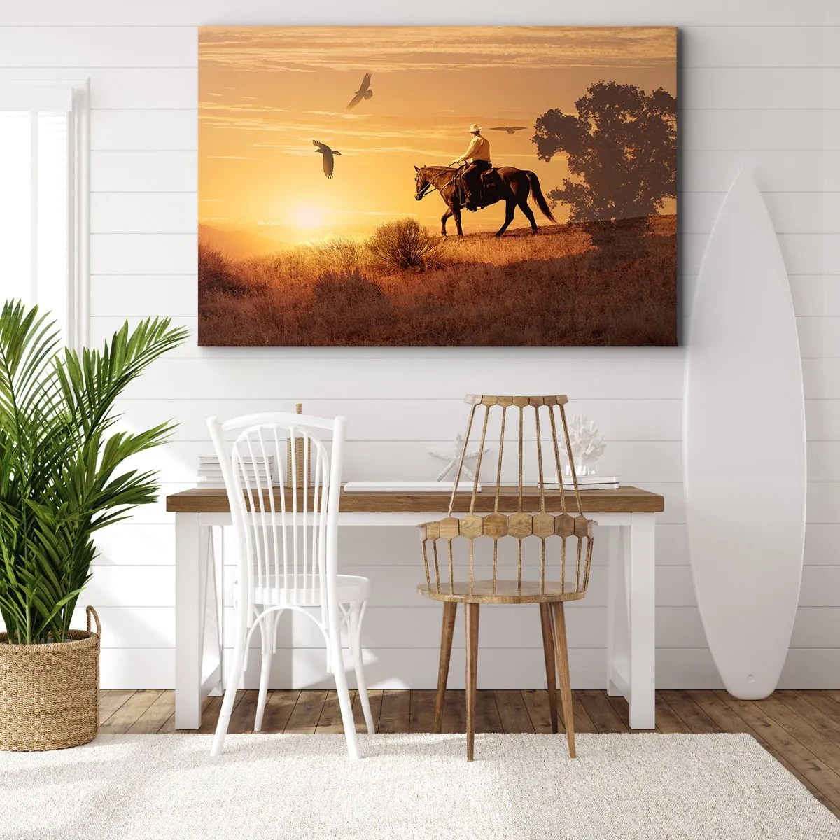 Impression sur toile - Image sur toile - Un cavalier sur un cheval au coucher du soleil contre la prairie - 120x80cm - Seul à travers la prairie - Décoration murale moderne pour le salon et la chambre ARTTOR