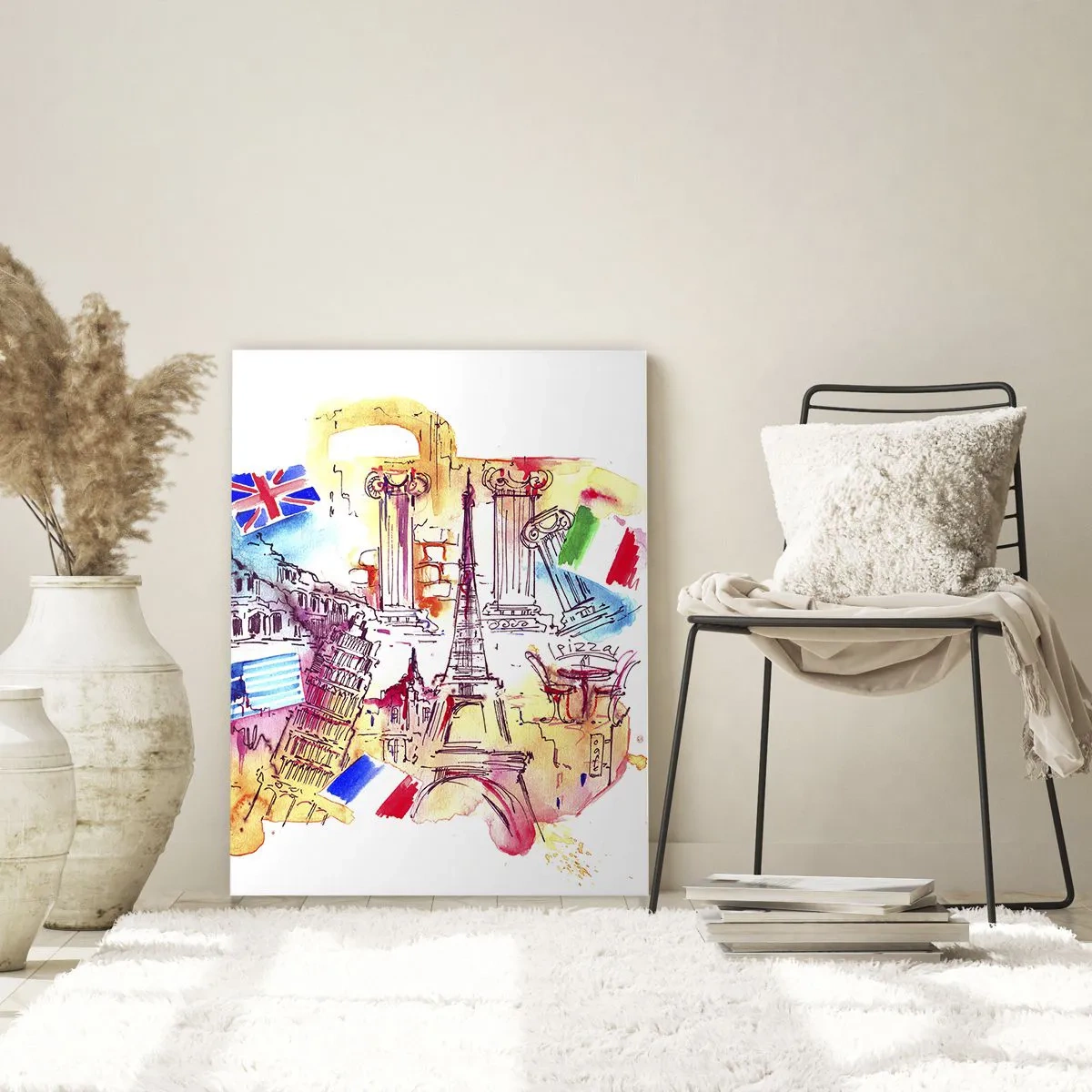 Impression sur verre - Image sur verre - Aquarelle de monuments européens avec drapeaux de pays - 50x70cm - Tournée européenne - Décoration murale moderne pour le salon et la chambre ARTTOR
