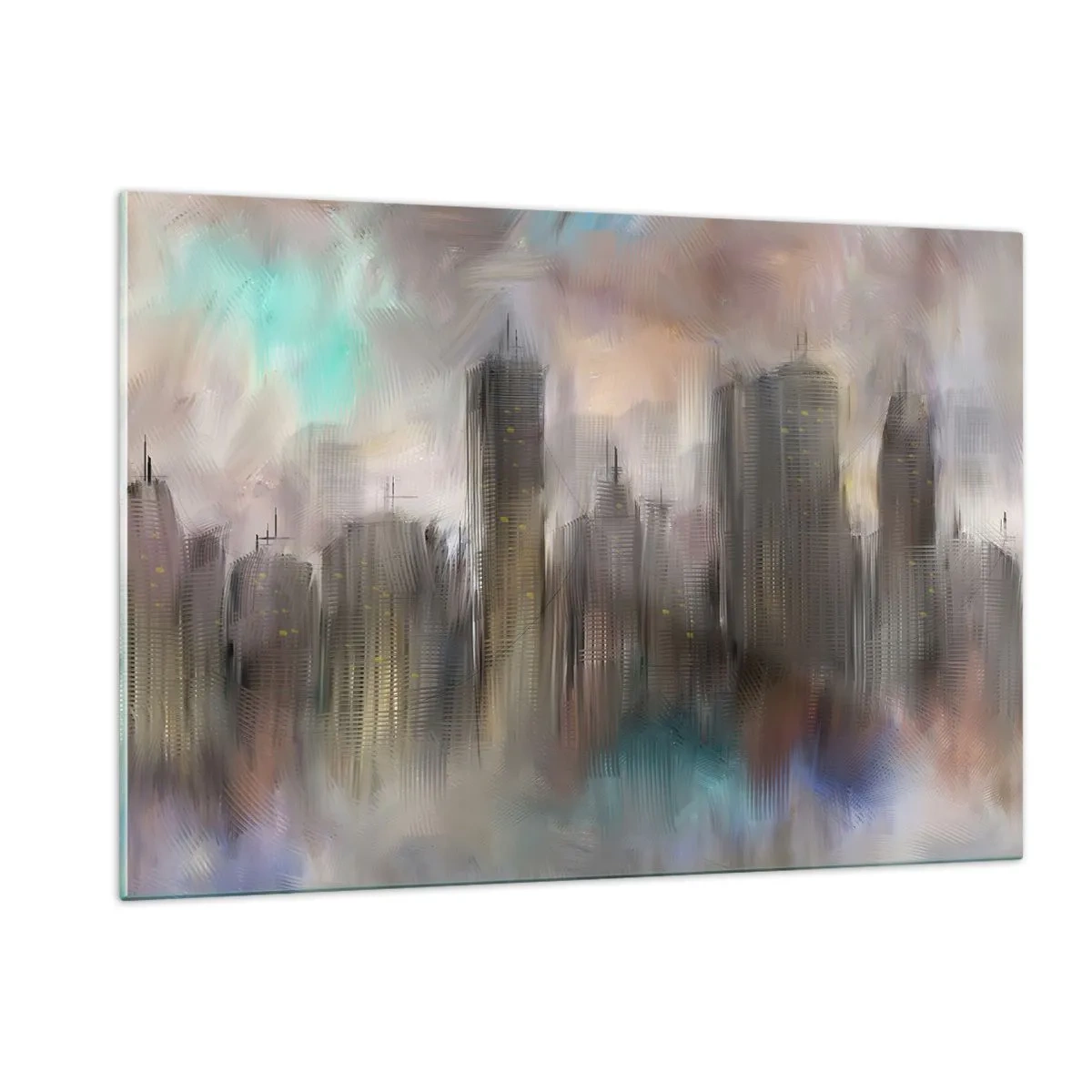 Impression sur verre - Image sur verre - Image abstraite d'une ville avec des gratte-ciel - 120x80cm - Une composition d'acier, de pierre et de brouillard - Décoration murale moderne pour le salon et la chambre ARTTOR