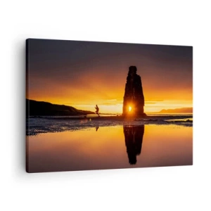 Impression sur toile - Image sur toile - Personne courant sur la plage au coucher du soleil avec formation rocheuse - 70x50cm - Juste vous et la nature - Décoration murale moderne pour le salon et la chambre ARTTOR