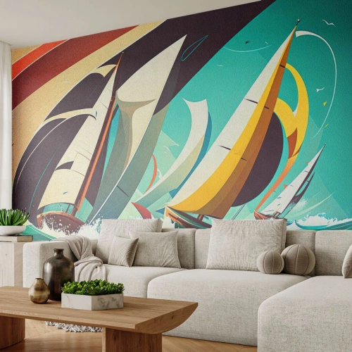 Papier Peint Photo Premium Sand - Illustration colorée d'une régate avec des voiles et des vagues dynamiques. - 100x70cm - Bonne chance avec les éléments - Décoration murale moderne pour le salon et la chambre ARTTOR