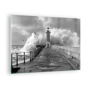 Impression sur verre - Image sur verre - Une photo en noir et blanc d'un phare au milieu de vagues déferlantes. - 70x50cm - Sans peur - Décoration murale moderne pour le salon et la chambre ARTTOR