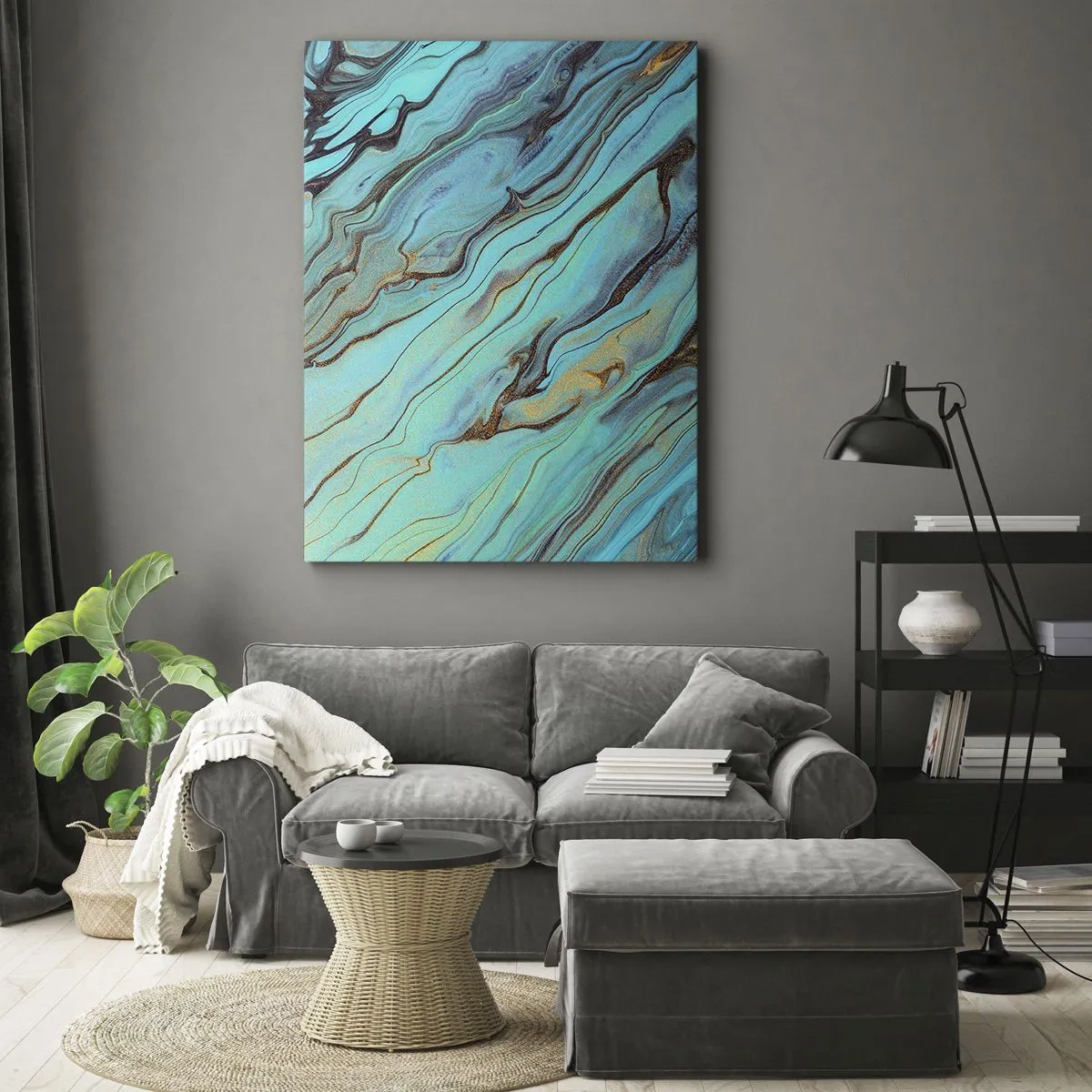 Impression sur toile - Image sur toile - Vagues abstraites dans des tons turquoise et or - 70x100cm - Marée turquoise - Décoration murale moderne pour le salon et la chambre ARTTOR