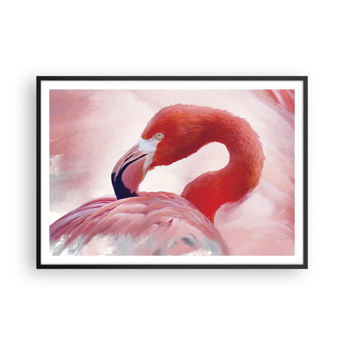 Affiche dans un cadre noir - Poster - Un flamant rose aux tons roses sur fond clair - 100x70cm - Beauté des oiseaux - Décoration murale moderne pour le salon et la chambre ARTTOR