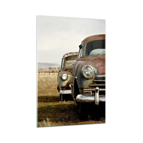 Impression sur verre - Image sur verre - Deux vieilles voitures sur un chemin de terre à côté d'une clôture en bois - 70x100cm - Repos bien mérité - Décoration murale moderne pour le salon et la chambre ARTTOR