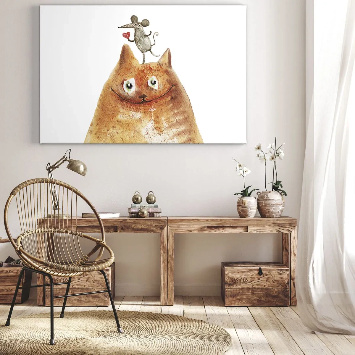 Impression sur toile - Image sur toile - Un dessin d'un chat avec une souris sur la tête tenant un cœur - 120x80cm - Amour paradoxal - Décoration murale moderne pour le salon et la chambre ARTTOR