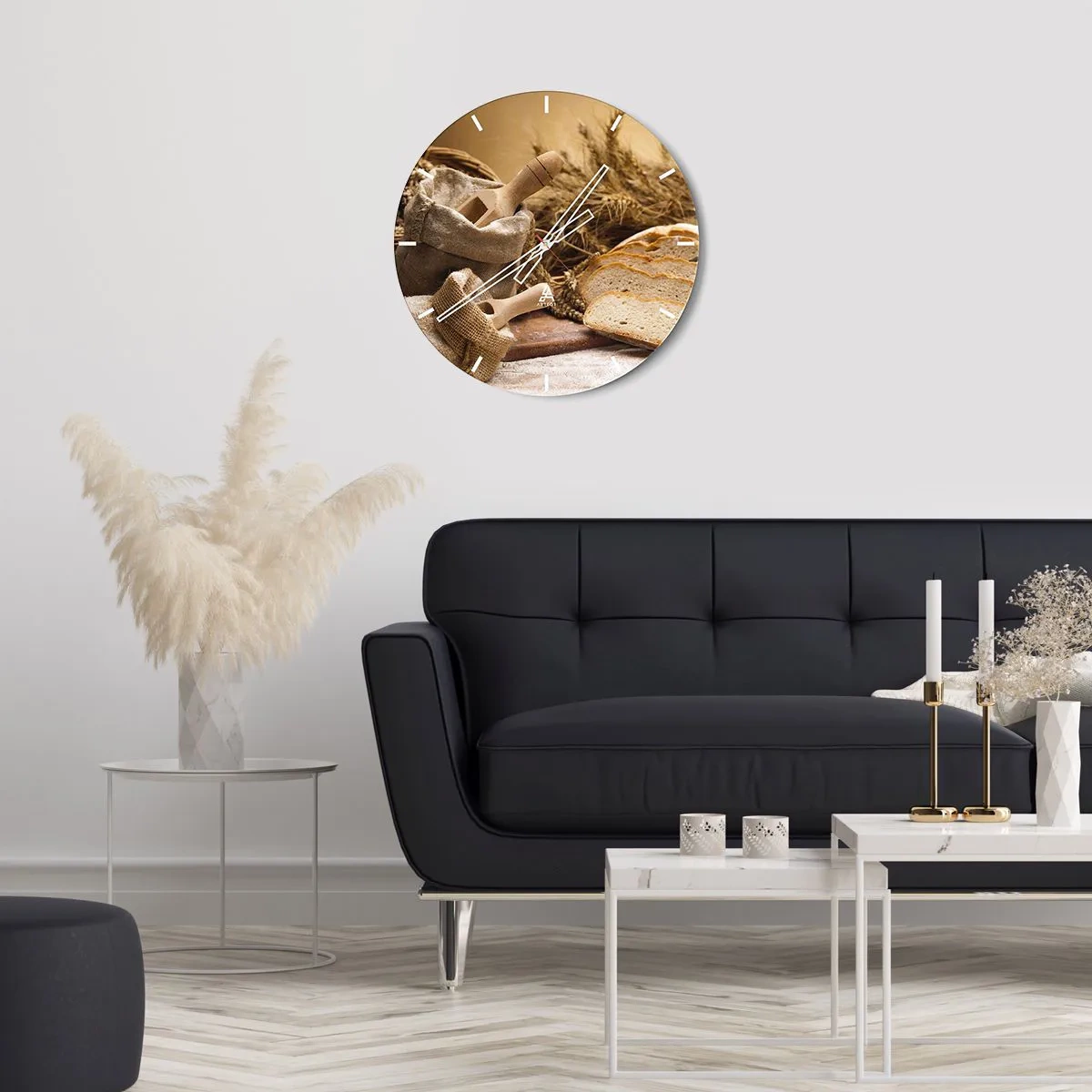 Horloge murale - Pendule murale - Un sac de farine, du pain et des épis de céréales dans un style rustique - 30x30cm - Comment il coupe avec un couteau - Décoration murale moderne pour le salon, la cuisine et la chambre ARTTOR