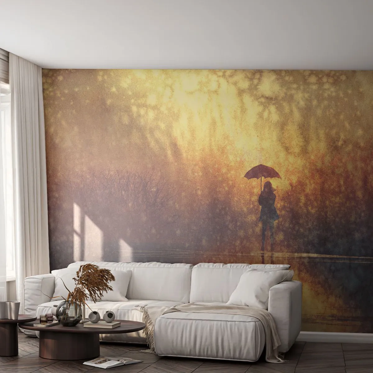 Papier Peint Photo Premium Sand - Une silhouette avec un parapluie à la lumière d'une brume dorée - 100x70cm - Je sens que quelqu'un me regarde - Décoration murale moderne pour le salon et la chambre ARTTOR