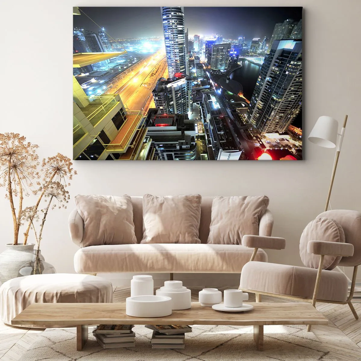 Impression sur toile - Image sur toile - Panorama de la ville nocturne avec des gratte-ciel illuminés - 100x70cm - Un miracle dans le désert - Décoration murale moderne pour le salon et la chambre ARTTOR