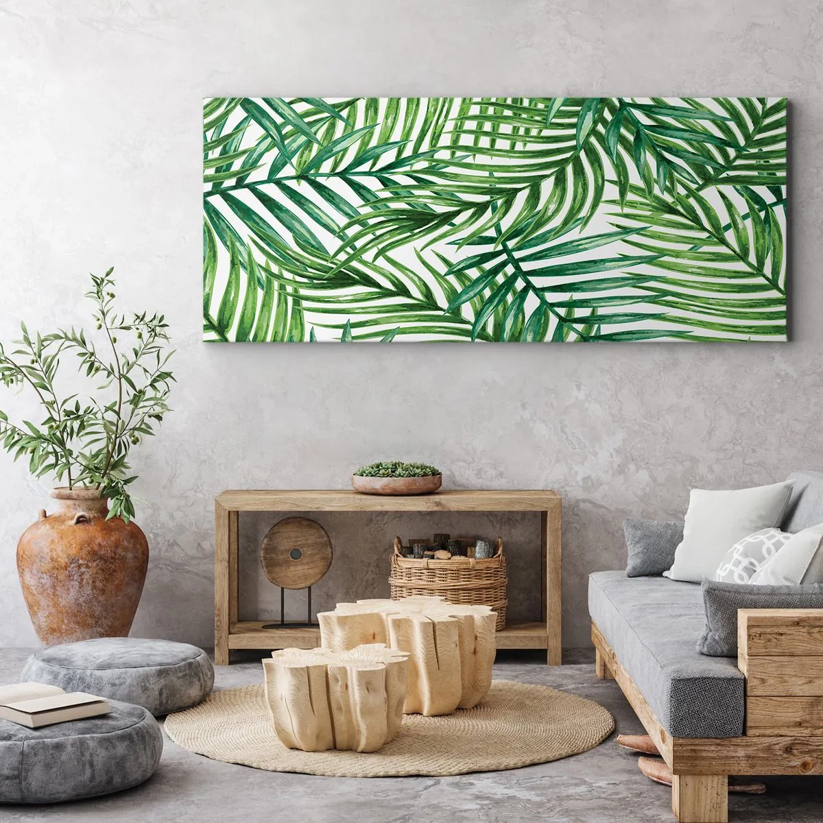 Impression sur toile - Image sur toile - Feuilles de palmier tropicales vertes sur fond clair - 140x50cm - Sous la canopée verte - Décoration murale moderne pour le salon et la chambre ARTTOR
