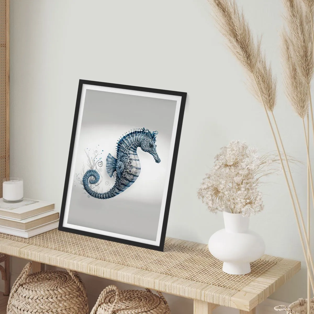 Affiche dans un cadre noir - Poster - Illustration détaillée d'un hippocampe sur fond clair - 50x70cm - Une subtile plaisanterie de la nature - Décoration murale moderne pour le salon et la chambre ARTTOR