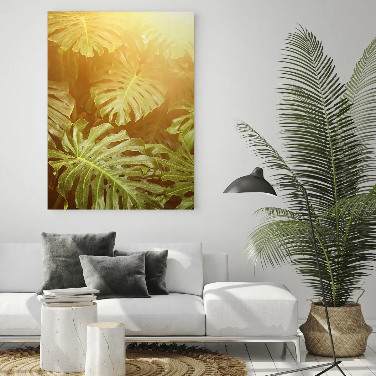 Impression sur verre - Image sur verre - Feuilles de Monstera au soleil sur fond naturel - 70x100cm - Se fondre dans la verdure - Décoration murale moderne pour le salon et la chambre ARTTOR