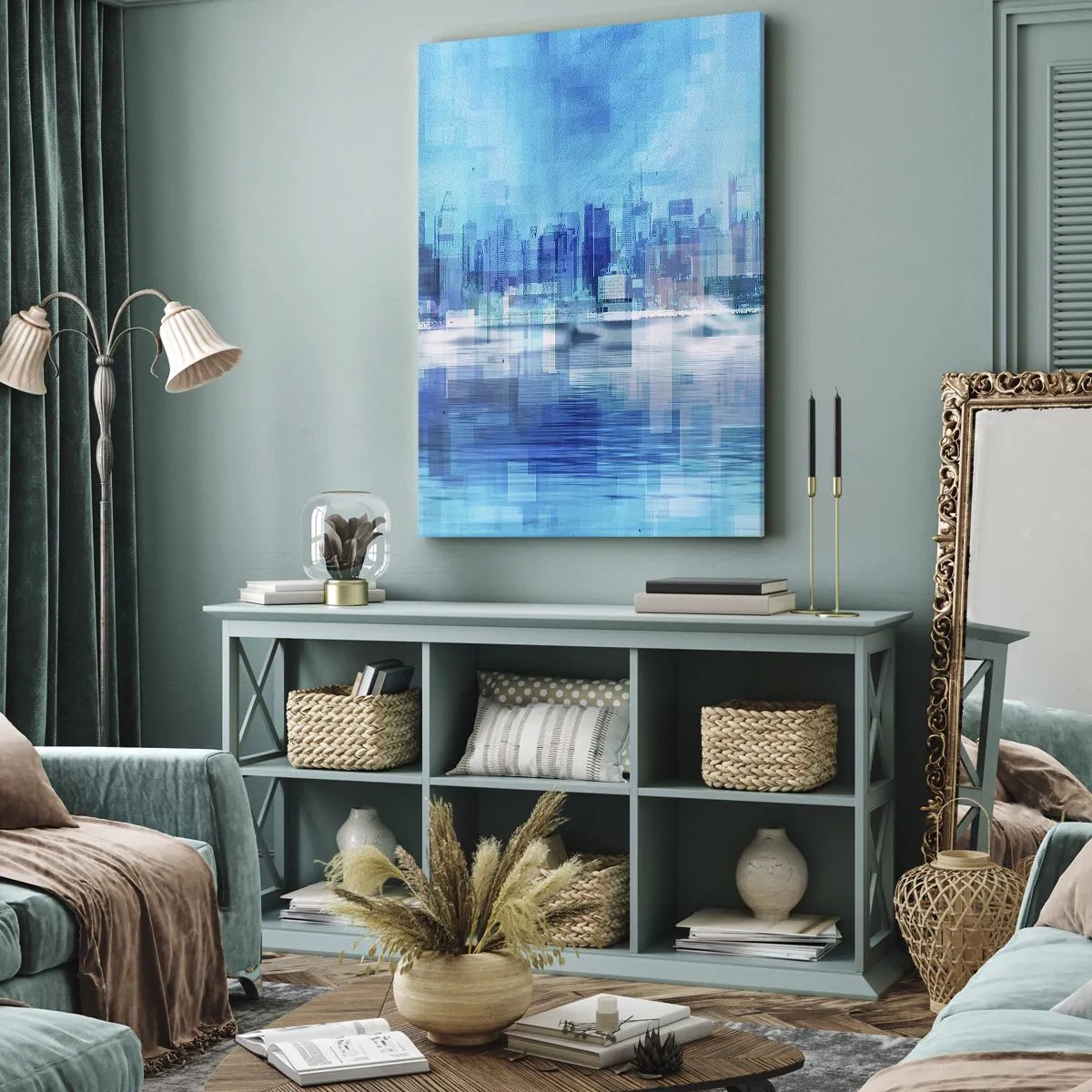 Impression sur toile - Image sur toile - Panorama urbain abstrait dans des tons bleus - 80x120cm - Noyé dans le bleu - Décoration murale moderne pour le salon et la chambre ARTTOR