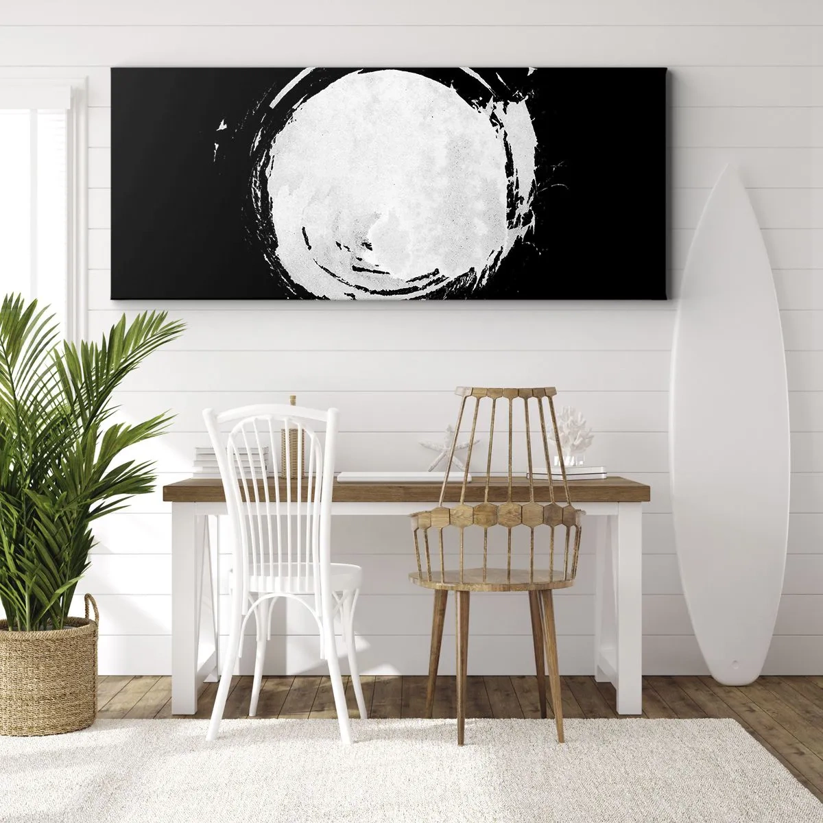 Impression sur toile - Image sur toile - Un cercle blanc sur fond noir dans un style minimaliste. - 140x50cm - Belle sortie - Décoration murale moderne pour le salon et la chambre ARTTOR
