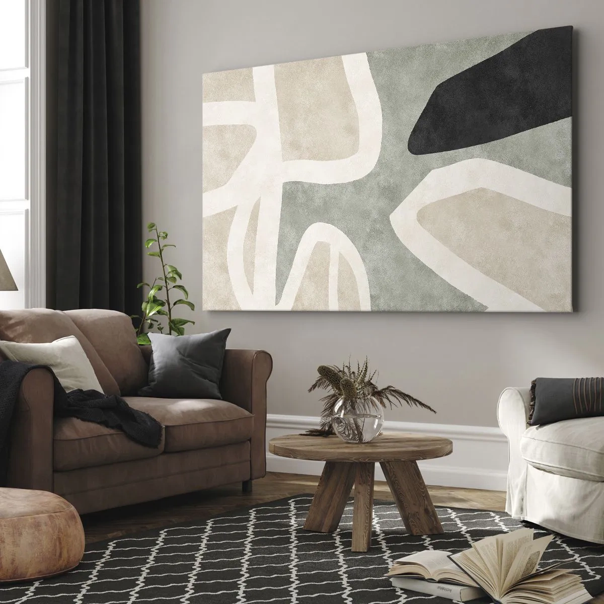 Impression sur toile - Image sur toile - Formes abstraites aux couleurs tamisées - 100x70cm - Composition pour motif noir - Décoration murale moderne pour le salon et la chambre ARTTOR