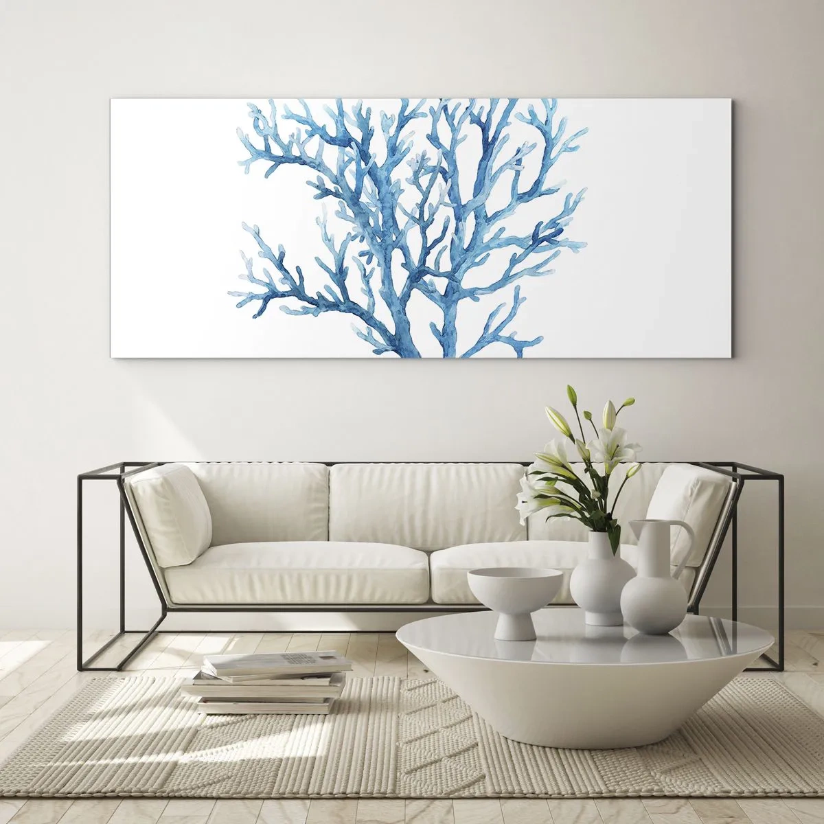 Impression sur verre - Image sur verre - Corail bleu sur fond blanc avec une touche minimaliste - 160x50cm - Filigrane nautique - Décoration murale moderne pour le salon et la chambre ARTTOR