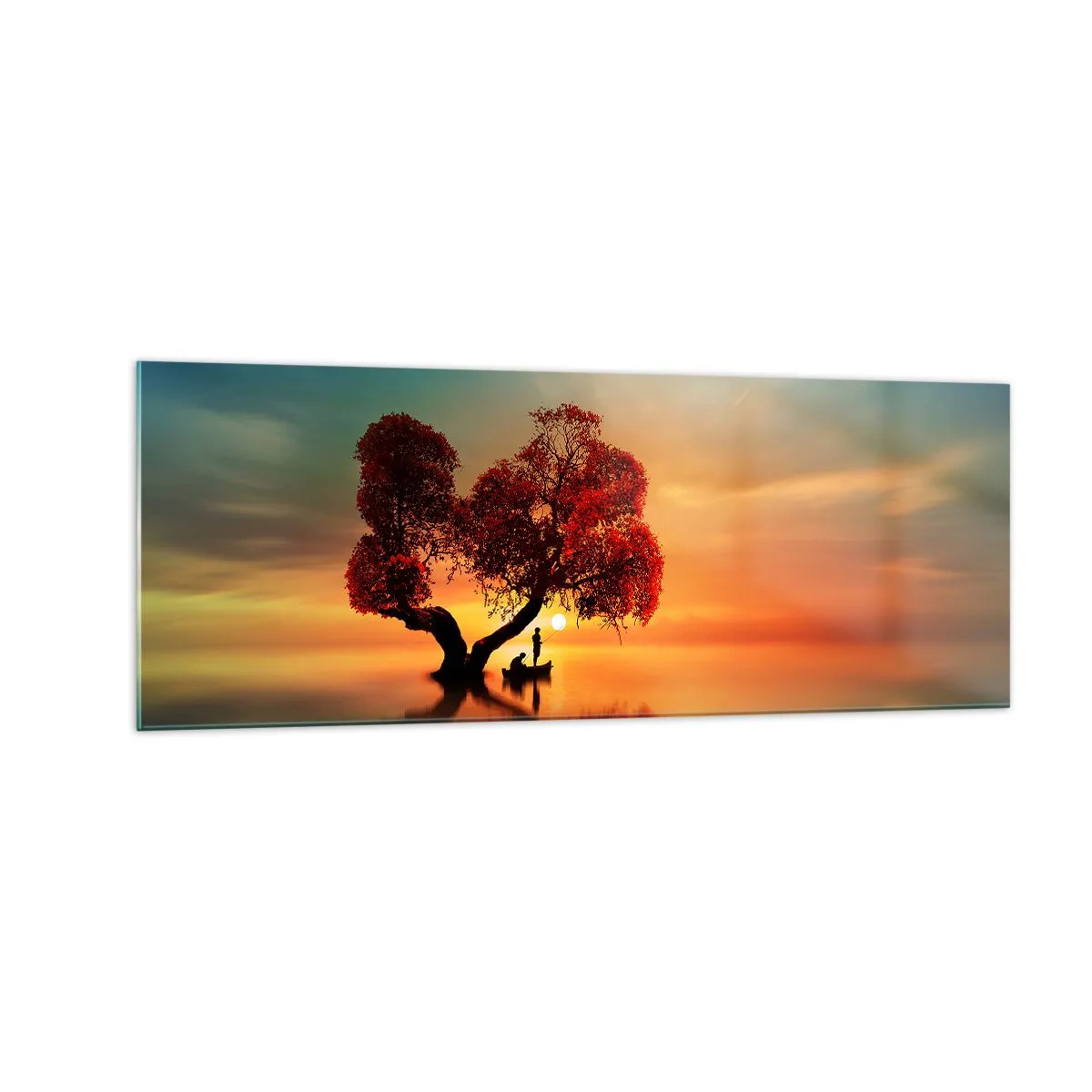 Impression sur verre - Image sur verre - Un arbre à feuilles rouges et un bateau sur l'eau au coucher du soleil - 140x50cm - Plénitude et éloignement sans monde - Décoration murale moderne pour le salon et la chambre ARTTOR