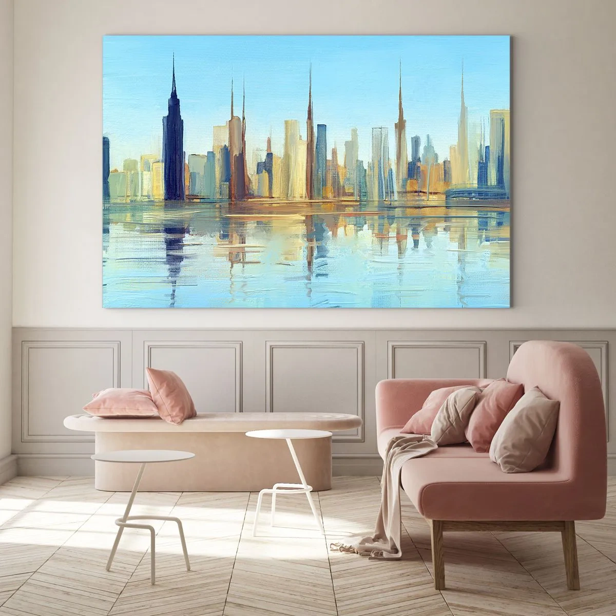 Impression sur verre - Image sur verre - Un panorama de la métropole reflété dans l'eau sous un ciel bleu - 70x50cm - Une métropole ensoleillée - Décoration murale moderne pour le salon et la chambre ARTTOR