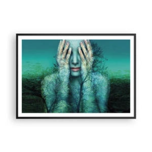 Affiche dans un cadre noir - Poster - Une figure de femme avec un motif d'arbre sur un fond de paysage turquoise - 100x70cm - immergé dans l'azur - Décoration murale moderne pour le salon et la chambre ARTTOR