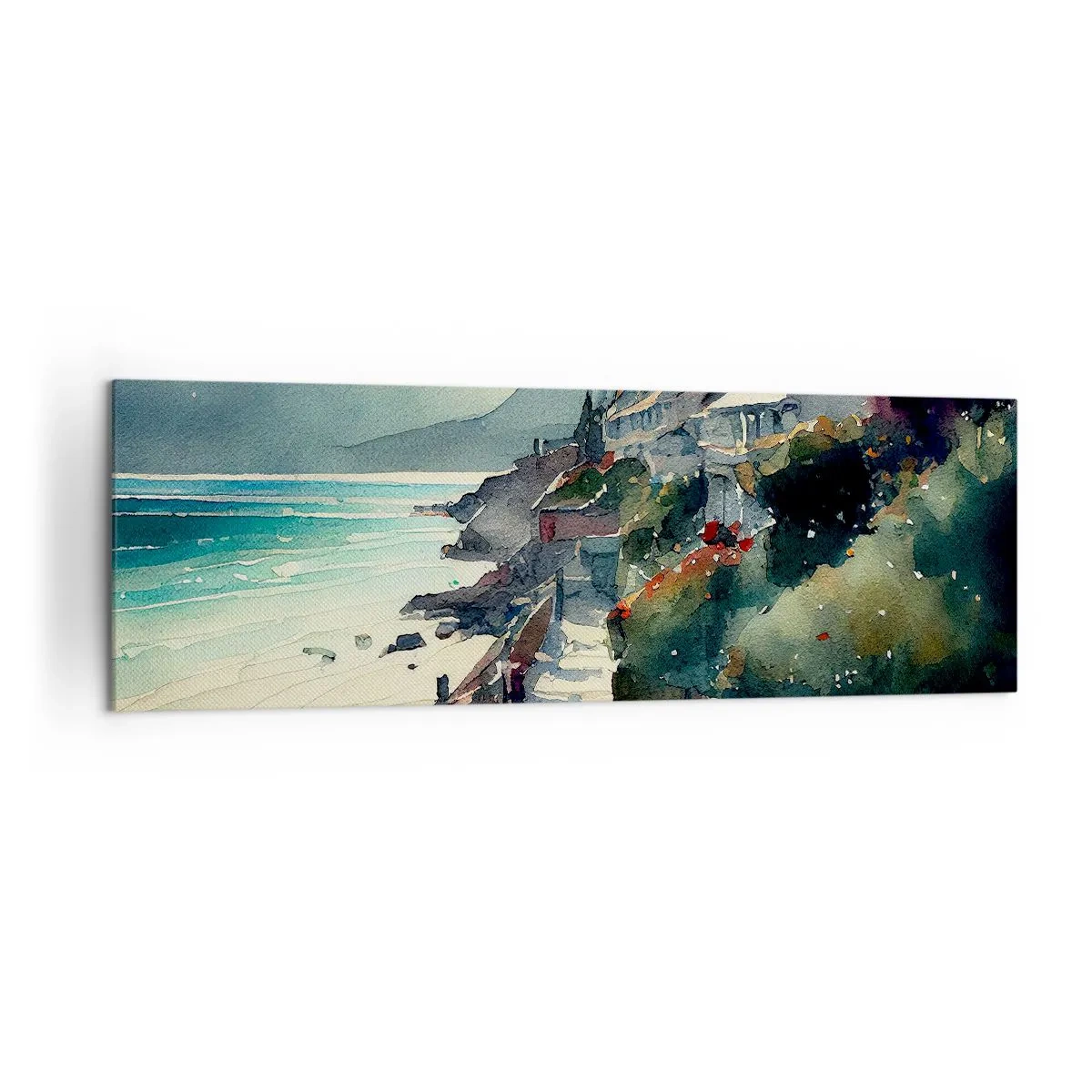 Impression sur toile - Image sur toile - Promenade en bord de mer avec maisons et végétation - 160x50cm - Ville méditerranéenne - Décoration murale moderne pour le salon et la chambre ARTTOR