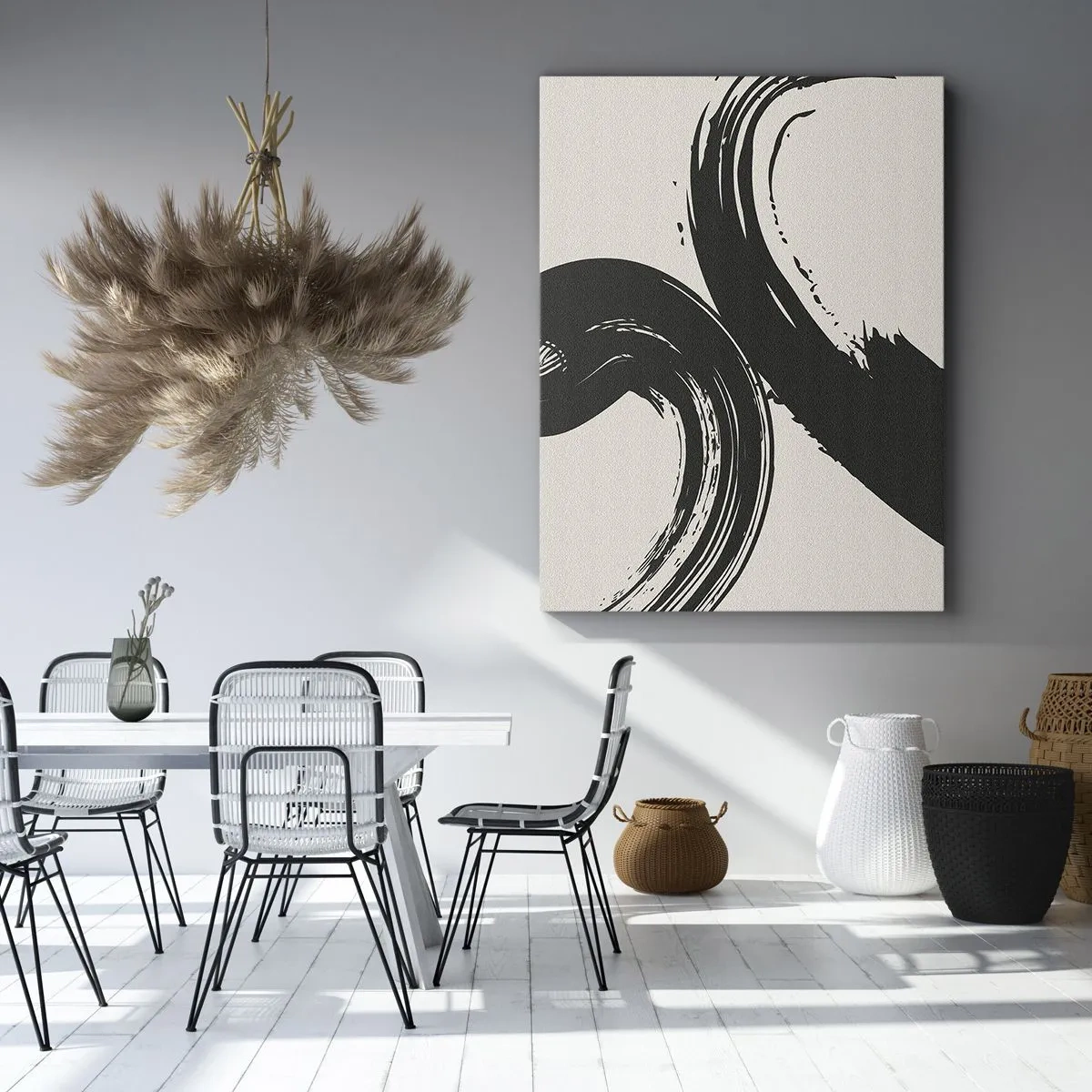 Impression sur toile - Image sur toile - Coups de pinceau dynamiques en noir sur fond clair - 50x70cm - Balayage circulaire - Décoration murale moderne pour le salon et la chambre ARTTOR