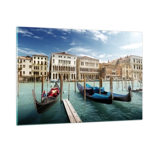 Impression sur verre - Image sur verre - Gondoles sur un canal à Venise par une journée ensoleillée - 120x80cm - Palace bleu ciel - Décoration murale moderne pour le salon et la chambre ARTTOR
