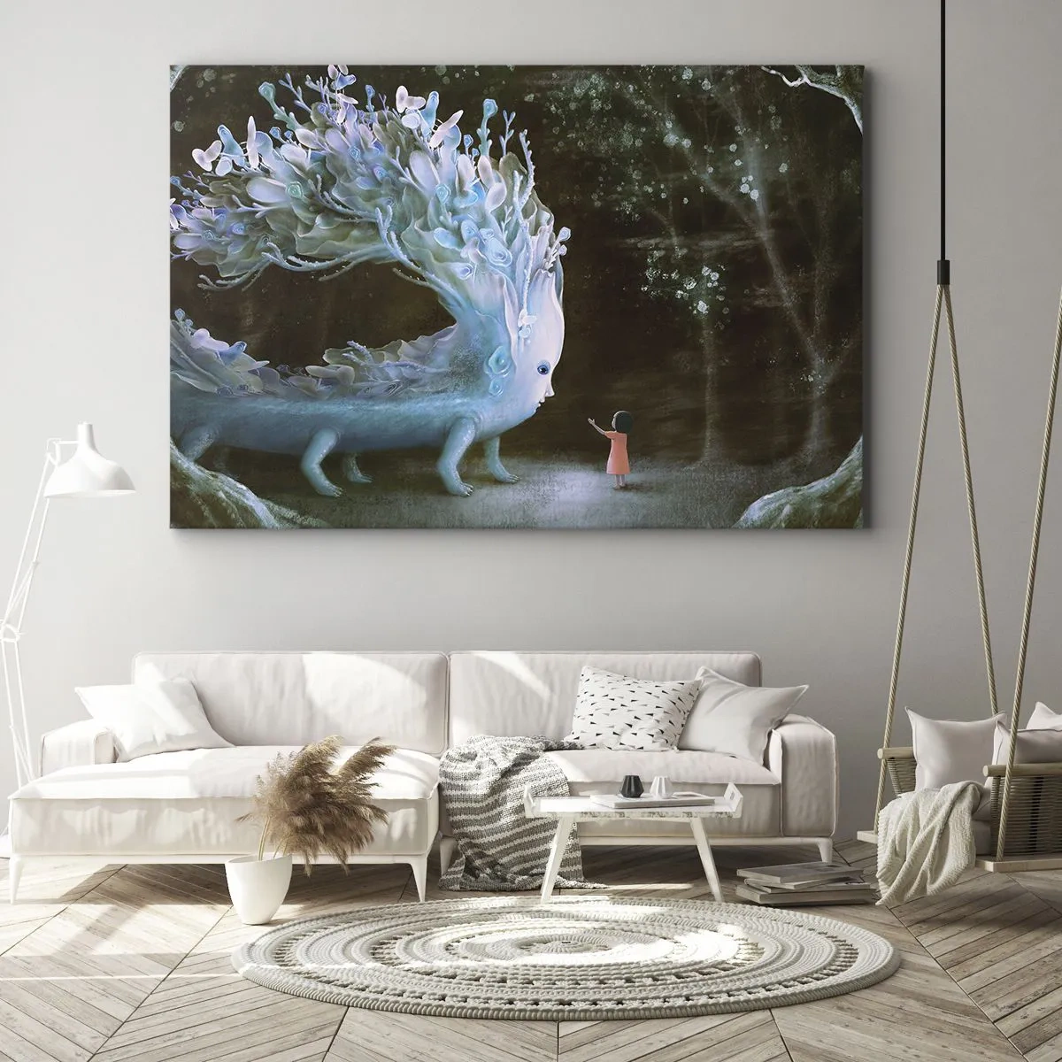 Impression sur toile - Image sur toile - La figure d'une fille face à une créature fantastique - 100x70cm - Une rencontre fantastique - Décoration murale moderne pour le salon et la chambre ARTTOR